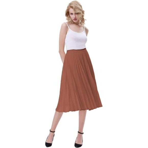 Womens High Waist Pleated A Line Midi Skirt Flowy Swing Skirt with Pockets - Picture 4 of 6